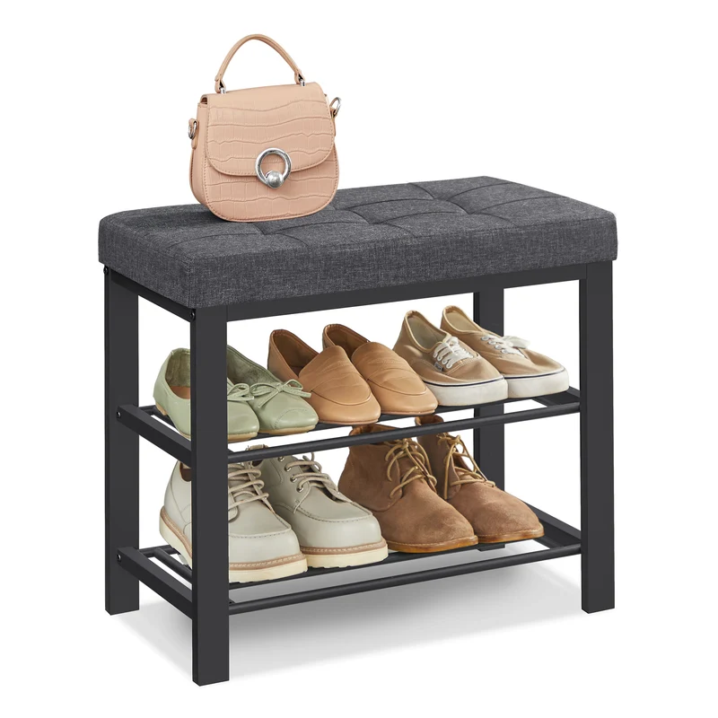 Banc à chaussures avec assise rembourrée en lin et cadre métallique