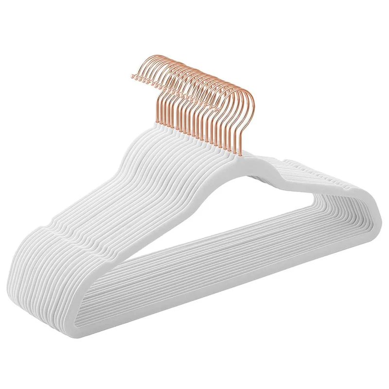 Lot de 20 cintres en velours longueur 42 cm fins et résistants grande capacité de charge avec crochets en rose gold pivotants à 360° pour manteaux chemises blanc 12_0003393