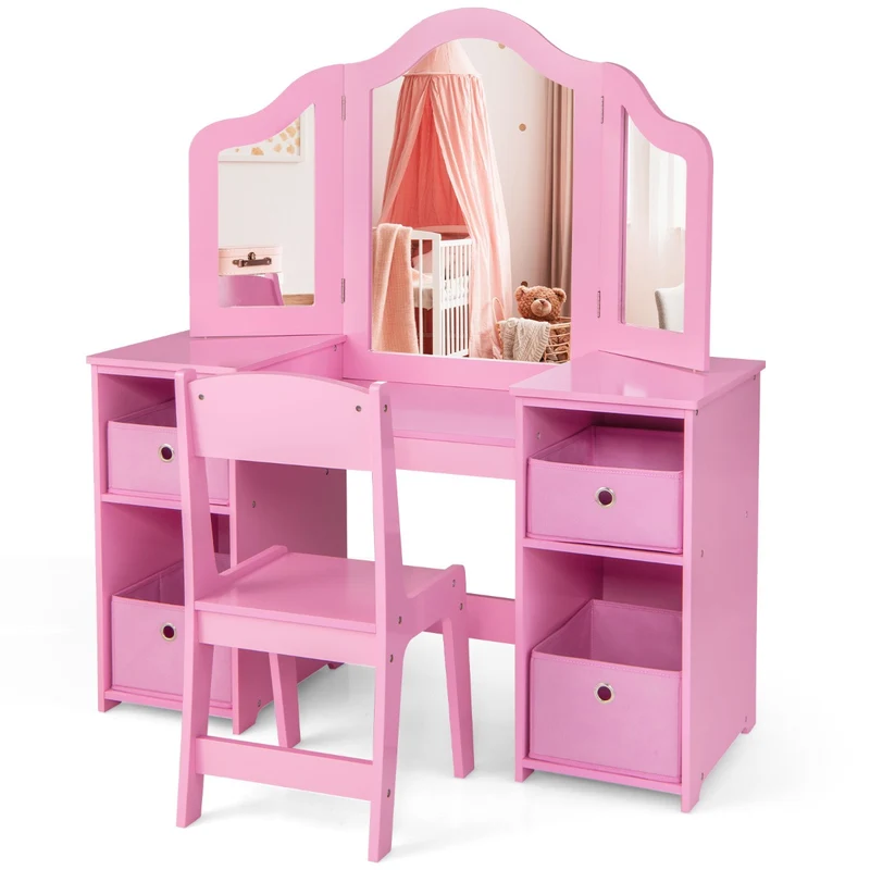 Table de coiffeuse et chaise enfant 104 x 40 x 117 cm 3 miroirs amovibles rangement pratique en MDF rose 20_0009852