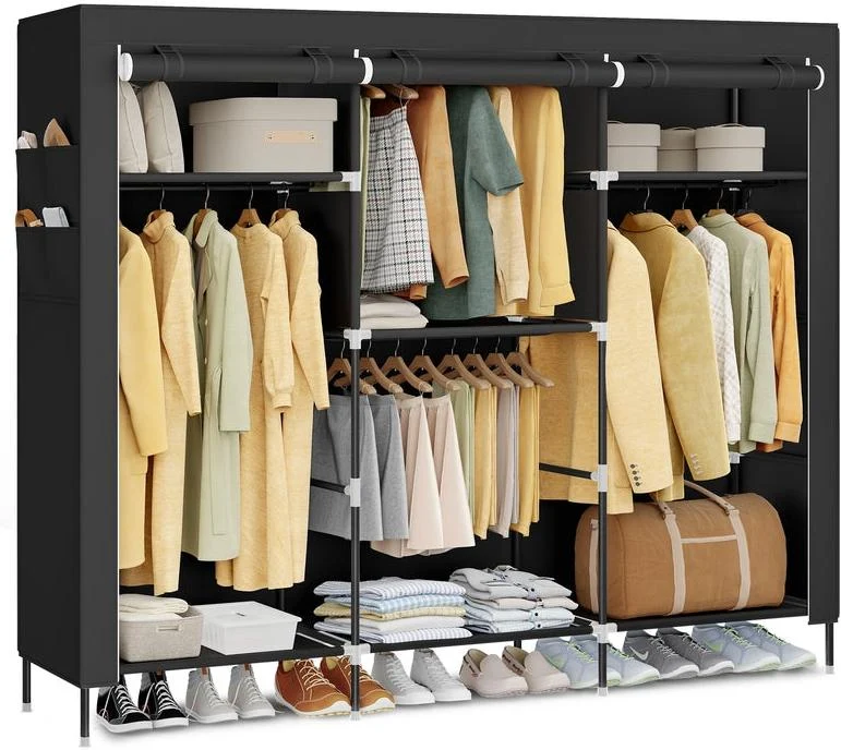 Armoire penderie tissu non-tissé 45 x 189 x 180 cm grande capacité 3 compartiments de suspension style moderne en acier noir 12_0012704