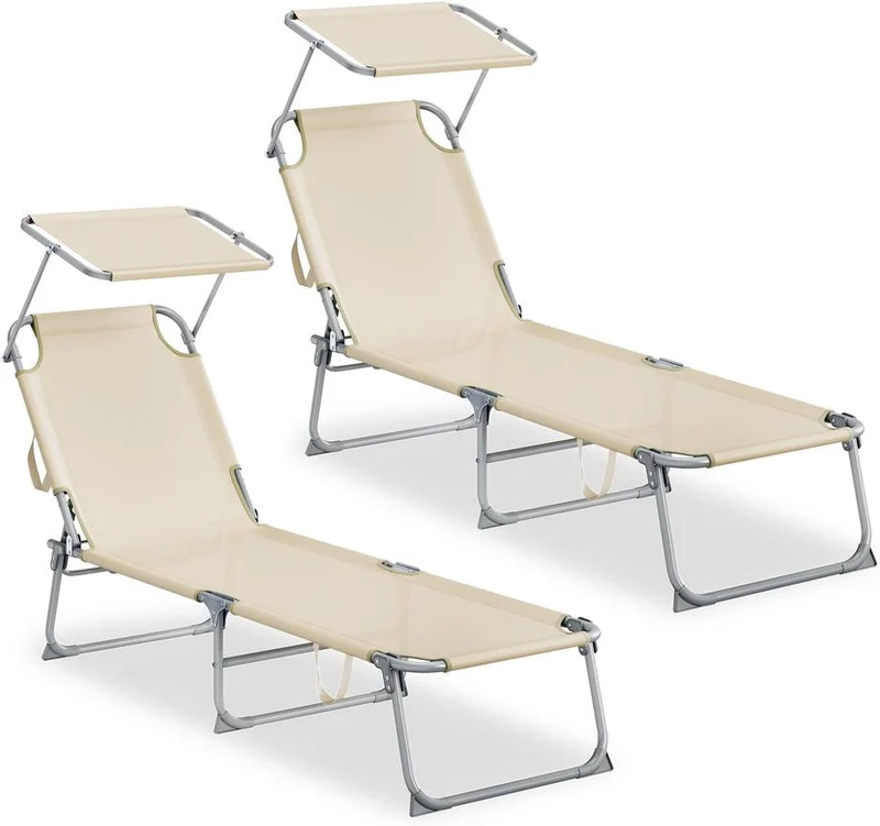 Lot de 2 chaises longues pliantes transat jardin extérieur 189 x 53 x 28,5 cm confort et dossier réglable en plastique beige 12_0012439