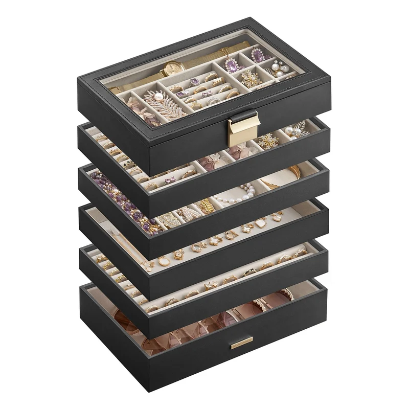 Boîte à bijoux empilable avec couvercle en verre transparent