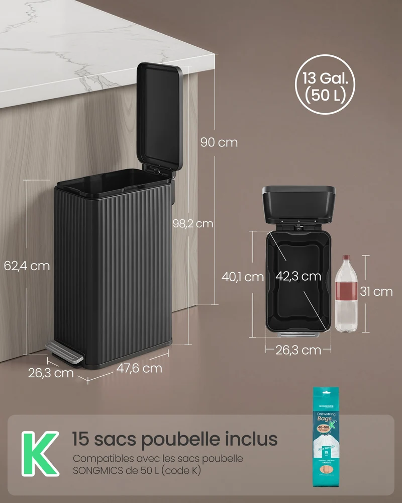 Poubelle de cuisine avec pédale 47,6 x 26,3 x 62,4 cm seau intérieur amovible design moderne gain de place en acier noir d'encre 12_0013196