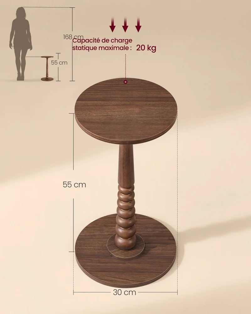 Table d'appoint ronde pour petits espaces 30 x 55 cm design contemporain utilisation salon chambre en bois marron 12_0012123