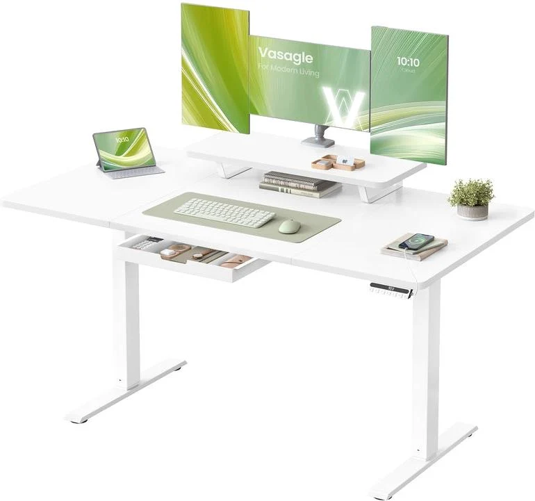 Bureau électrique réglable en hauteur 140 x 70 cm avec tiroir et port USB pour télétravail en aggloméré blanc 12_0012073