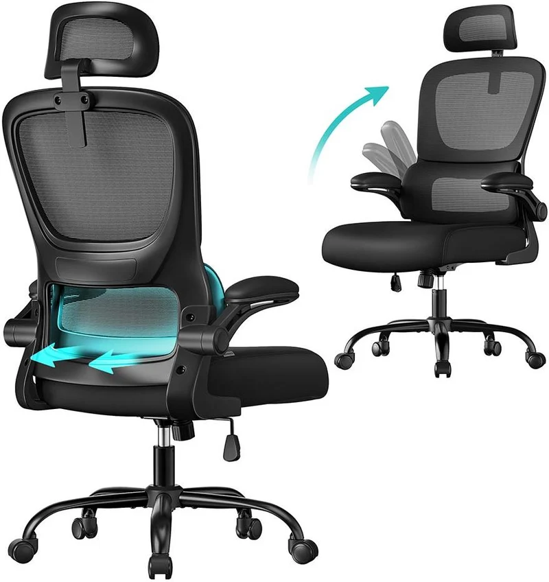 Chaise de bureau ergonomique réglable avec accoudoirs rabattables 64 x 71,5 x 135 cm en tissu polyester noir 12_0012337