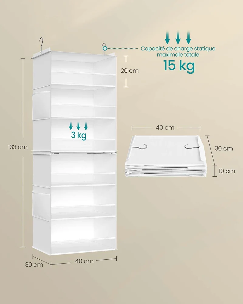 Étagère suspendue gain de place pliable 30 x 40 x 133 cm avec crochets ergonomiques style moderne en bambou blanc nuage 12_0012261