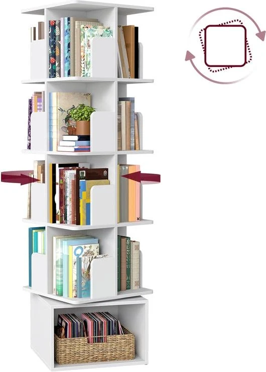 Bibliothèque rotative à 4 niveaux pivotante 40 x 40 x 156 cm ambiance moderne pour salon bureau en aggloméré blanc 12_0012137