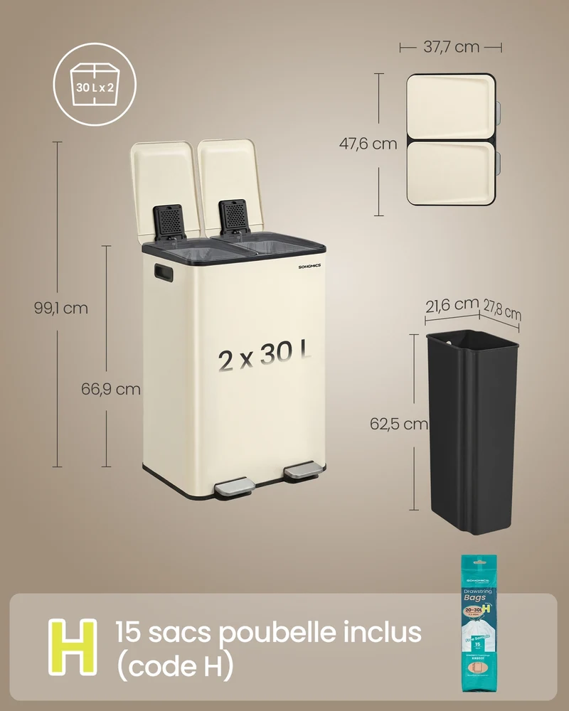 Poubelle de cuisine à pédale 47,6 x 37,7 x 66,9 cm 2 compartiments pratique avec couvercle fermeture douce en acier crème 12_0012296