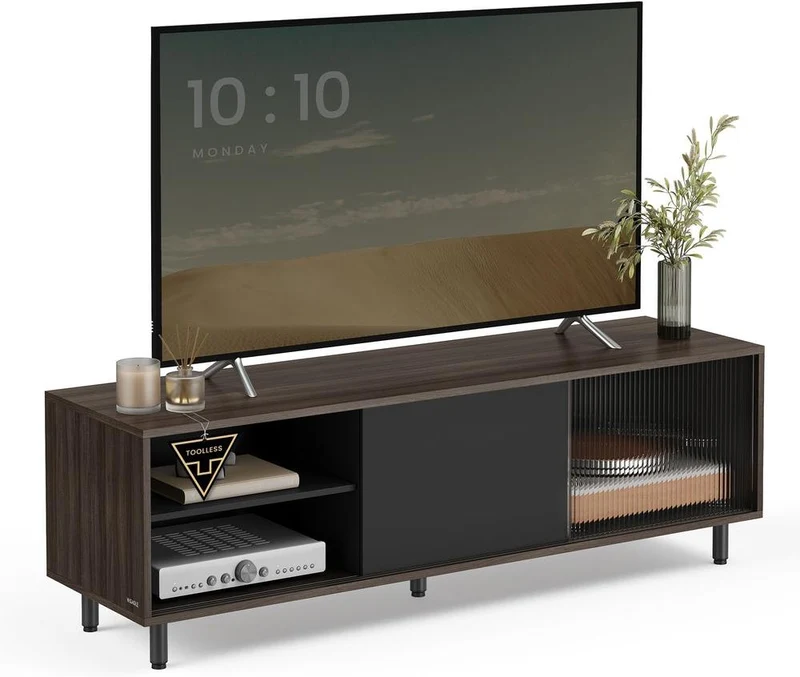 Meuble TV moderne pour salon 140 x 39 x 45 cm avec montage rapide sans outils en panneau d'aggloméré marron cendré 12_0011287