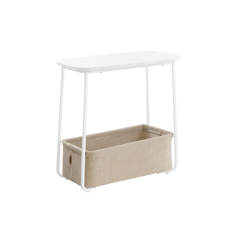Table d’appoint avec panier en tissu blanc mat et marron