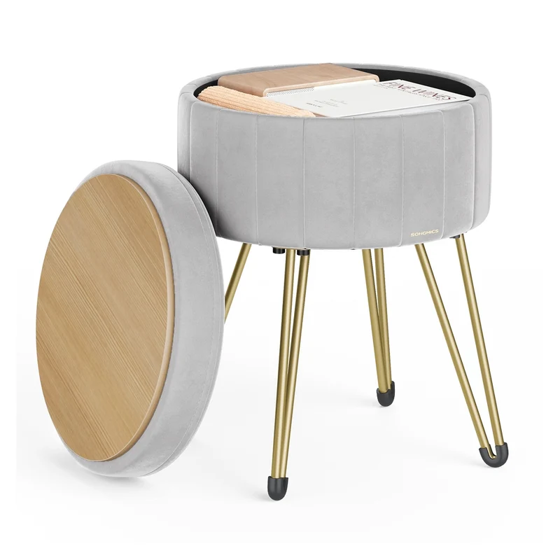 Tabouret rond en velours avec espace de rangement 4 pieds en métal
