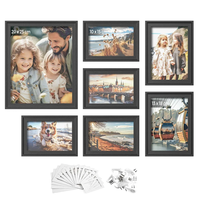 10 Cadres photo avec 16 passe-partout MDF et verre marron rustique