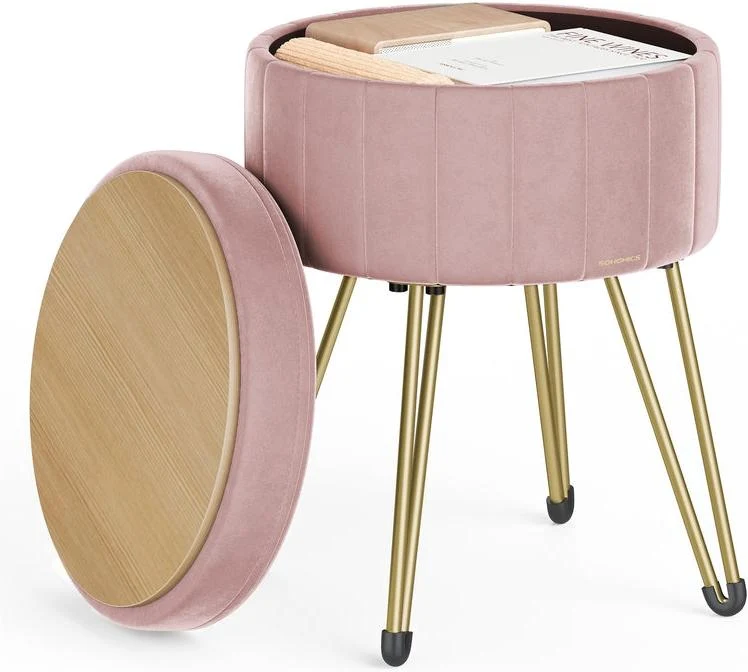 Tabouret rond avec espace de rangement 39 x 44,4 cm assise confortable style moderne dressing salon en velours rose bonbon 12_0011345