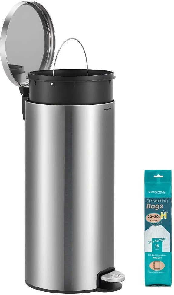 Poubelle ronde 30 L avec seau amovible et couvercle à fermeture douce 29,5 x 37,1 x 63 cm en acier inoxydable blanc 12_0012545