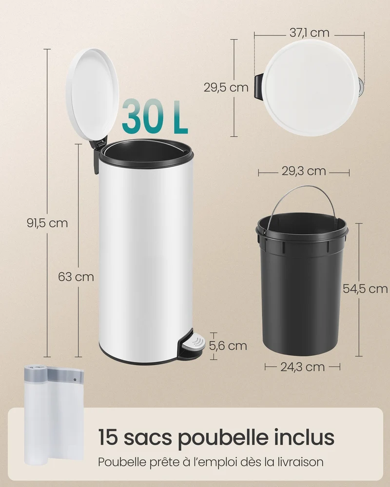 Poubelle ronde avec pédale 29,5 x 37,1 x 63 cm pratique pour cuisine salle de bain en acier blanc 12_0012090