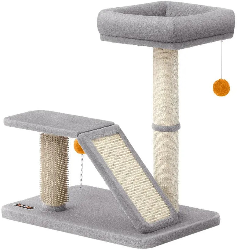Griffoir multifonctionnel avec rampe de grattage et perchoir pour chat d'intérieur 60 x 45 x 66,6 cm en panneau d'aggloméré gris clair 12_0011961