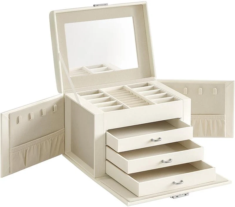 Boîte à bijoux organisateur portable 17,5 x 22,5 x 16,5 cm avec miroir et verrouillage style chic en MDF blanc 12_0009575