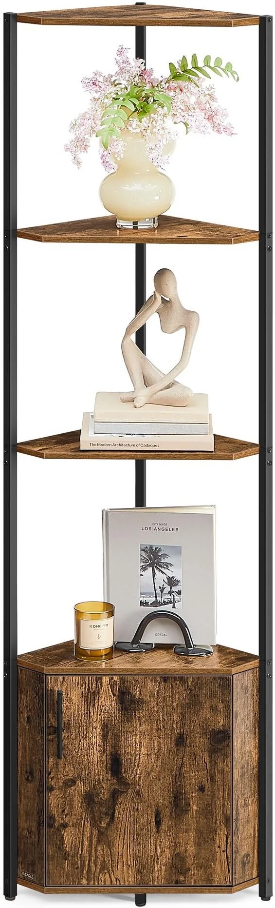 Étagère d'angle à 5 niveaux rangement salon chambre cuisine finition rustique 25,4 x 44,5 x 147,3 cm en aggloméré marron 12_0012780
