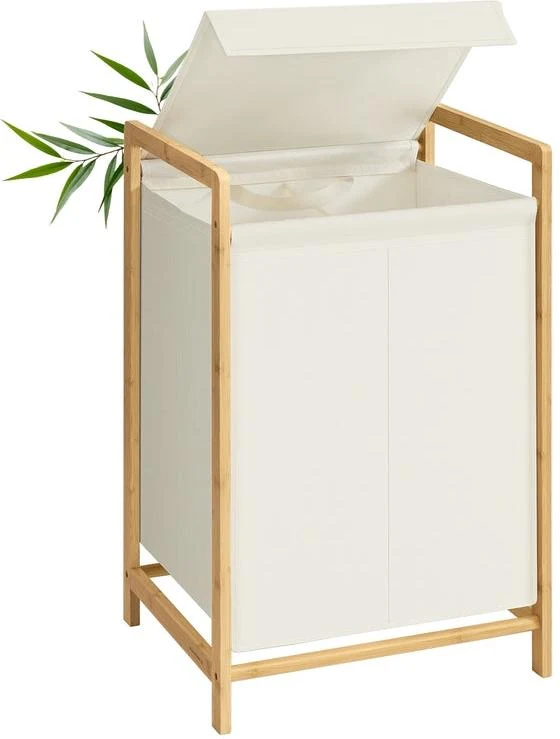 Panier à linge 2 compartiments 45 x 40 x 78 cm avec couvercle amovible style épuré salle de bain en bambou blanc crème 12_0012414