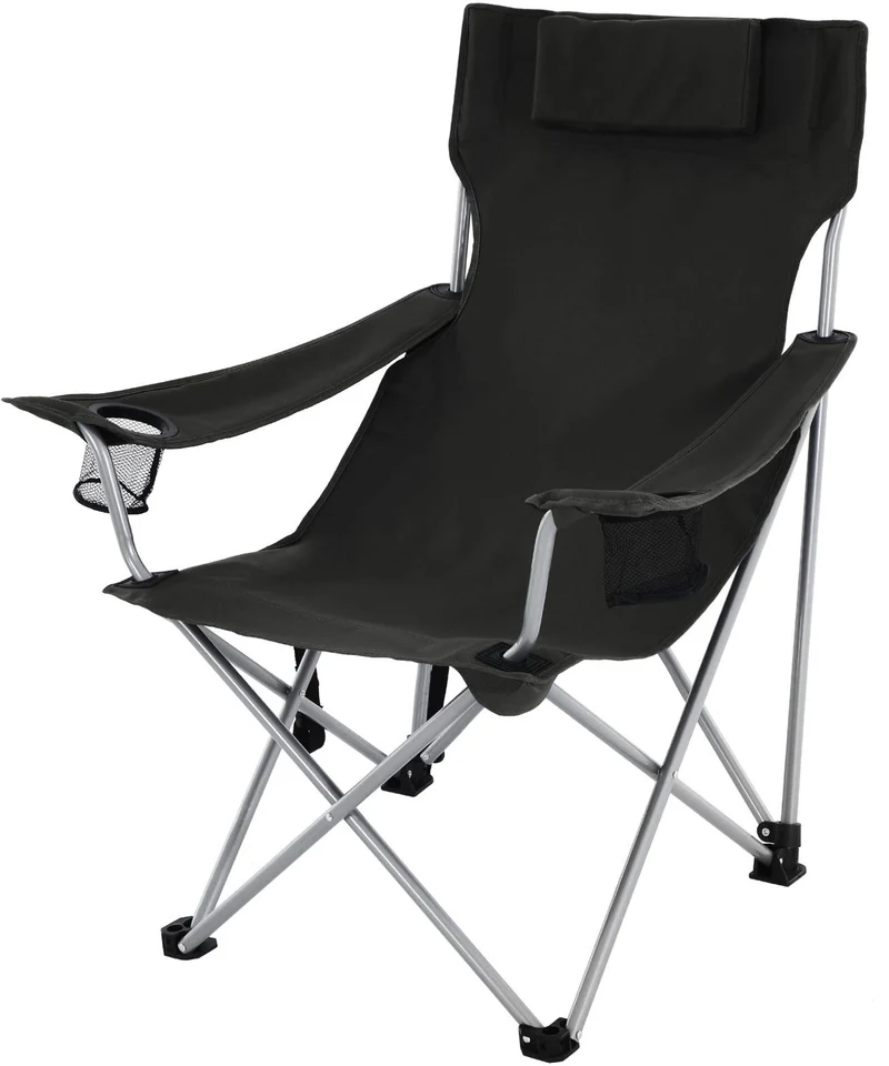 Chaise de camping pliable avec accoudoirs et porte-verres 81 x 70 x 91 cm confort extérieur en fer noir 12_0010022
