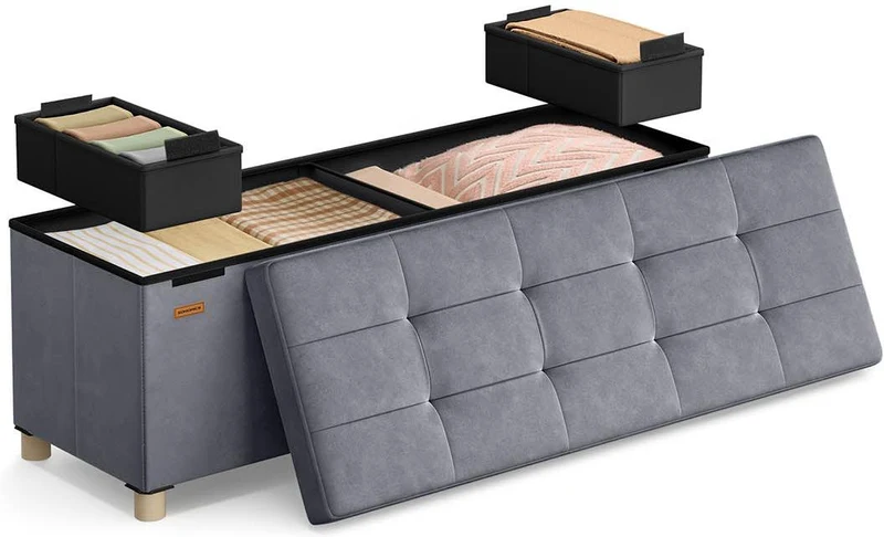 Banc de rangement pliable multifonction 38 x 110 x 40 cm usage salon chambre assise confortable en velours gris ardoise 12_0012837