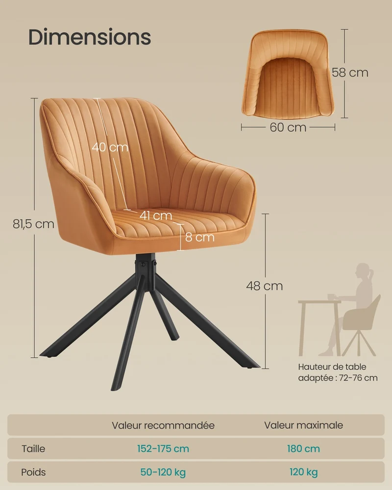 Chaise de salle à manger pivotante rembourrée confortable 60 x 60 x 81,5 cm en velours marron caramel 12_0012529