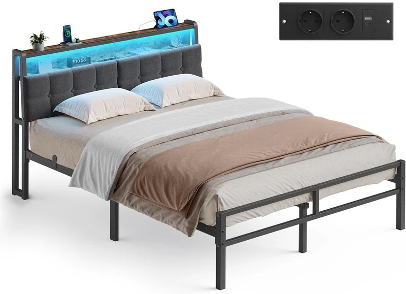 Cadre de lit avec tête de lit et éclairage LED 218 x 140 x 104 cm ambiance cosy design moderne en métal noir mat 12_0013092