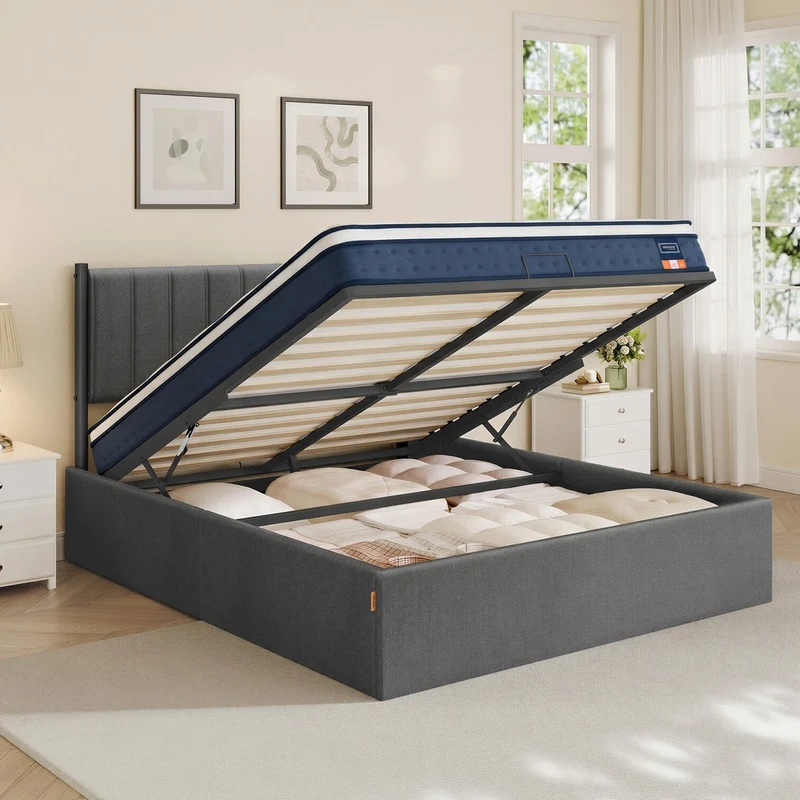 Lit coffre 140 x 190 cm sommier relevable avec rangement moderne chambre 198,8 x 143,4 x 110 cm en tissu gris ardoise 12_0012409