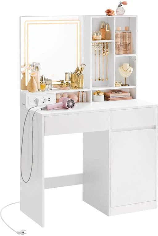 Coiffeuse avec miroir et lumière rangement pour bijoux 40 x 90 x 138 cm style moderne chambre en MDF blanc 12_0012408