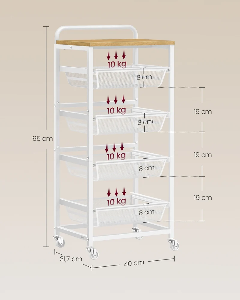 Chariot de cuisine roulant avec 4 étagères pratiques 31,7 x 40 x 95 cm style vintage en bois doré chêne 12_0012915