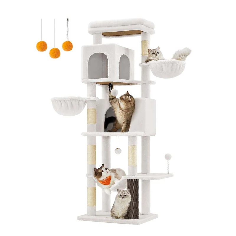 Arbre à chat tour à chat de 175 cm de haut abri à chat multi-niveaux avec 2 niches 2 paniers 5 griffoirs toilettage autonome perchoir hamac gris tourterelle 12_0003885