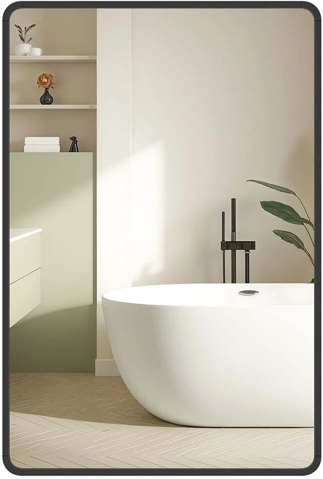 Miroir salle de bain miroir mural rectangulaire cadre en aluminium 91 x 61 cm avec film de sécurité 2 options de suspension pour salon chambre salle de bain noir d’encre 12_0008045