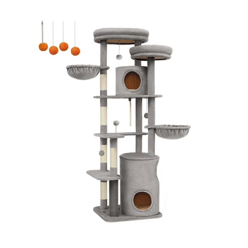 Arbre à chat 196 cm forme de tour poteau griffoir intérieur multi-niveaux 2 plateformes 3 niches 2 hamacs 4 pompons tissu peluche gris clair 12_0003801