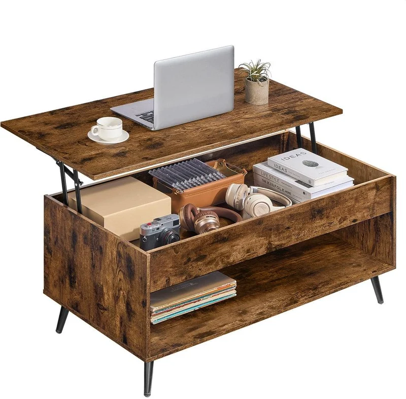 Table basse relevable avec compartiment de rangement 50 x 100 x 45/58,5 cm style rustique moderne en panneau aggloméré marron 12_0012371