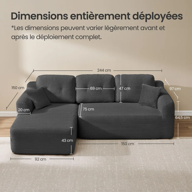 Canapé d'angle modulable avec grande méridienne 150 x 244 x 73 cm confort optimal style contemporain en velours gris ardoise 12_0012121