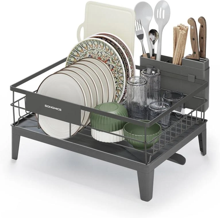 Égouttoir à vaisselle extensible avec porte-couverts 31 x 42 x 18,5 cm en acier gris anthracite 12_0012870
