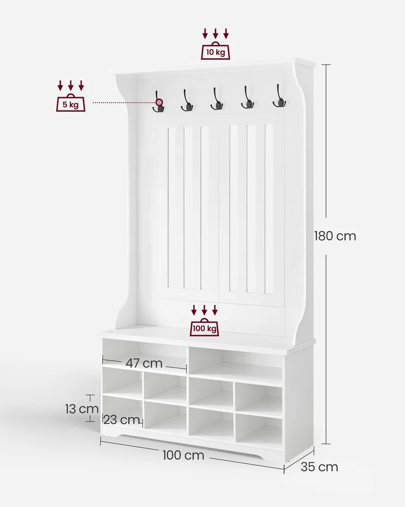 Meuble d'entrée avec banc et porte-manteau gain de place 35 x 100 x 180 cm style moderne blanc 12_0012639