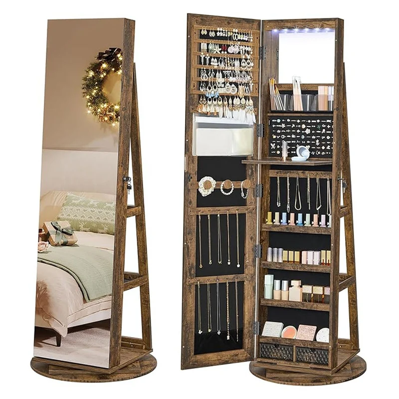 Armoire à bijoux avec miroir sur pieds verrouillable avec 6 led rangement bijoux pivotant à 360° miroir psyché sans cadre 3 étagères de rangement marron 12_0003930