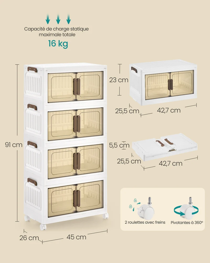 Lot de 2 boîtes de rangement empilables sur roulettes 26 x 45 x 91 cm avec couvercle et double porte en plastique blanc 12_0012402
