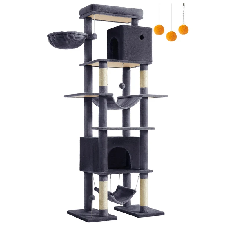 Arbre à chat 201 cm forme de tour taille xxl multi-niveaux 1 plateforme 1 panier 2 niches 2 hamacs dispositif anti-basculement gris clair 12_0003803
