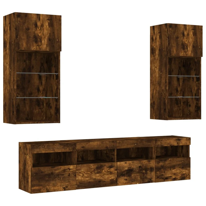 Meubles TV multimédia étagère télévision buffet téléviseur salle à manger salon chambre avec LED 5 pièces chêne fumé bois d'ingénierie brun 02_0029407