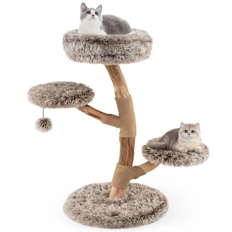 Arbre à chat 50 x 90 cm robuste 4 niveaux avec perchoir confortable et griffoirs en bois de poirier naturel 20_0015334