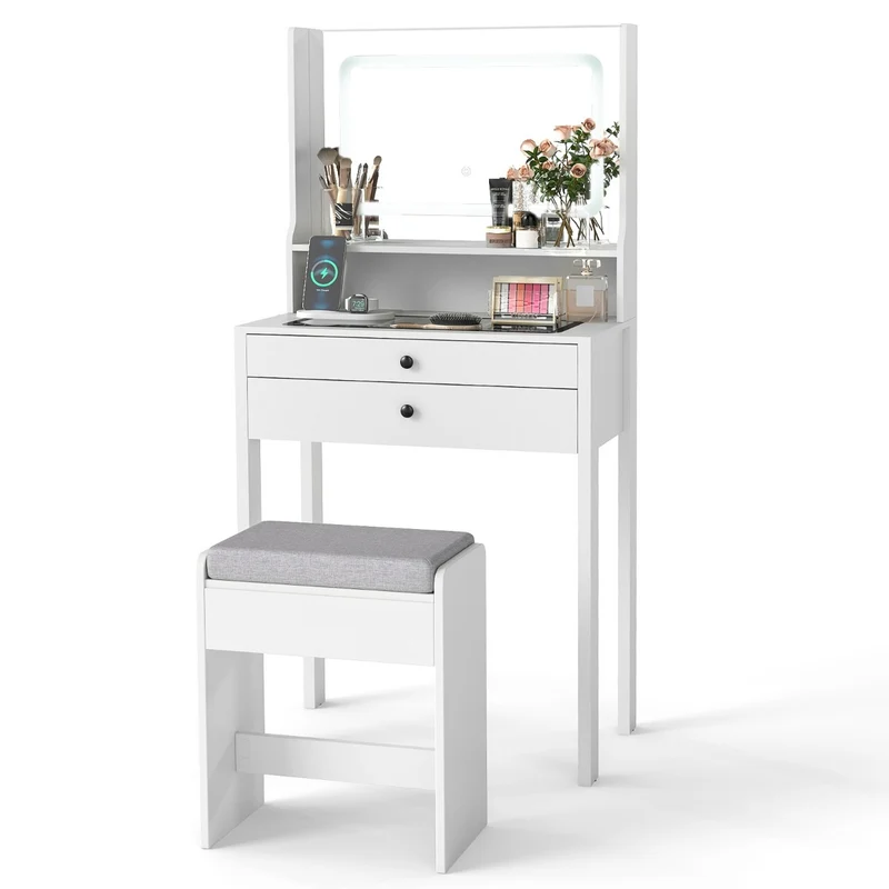 Coiffeuse avec miroir et lumières 64 x 40 x 132 cm 3 modes d'éclairage rangement optimisé design contemporain en MDF blanc 20_0017059