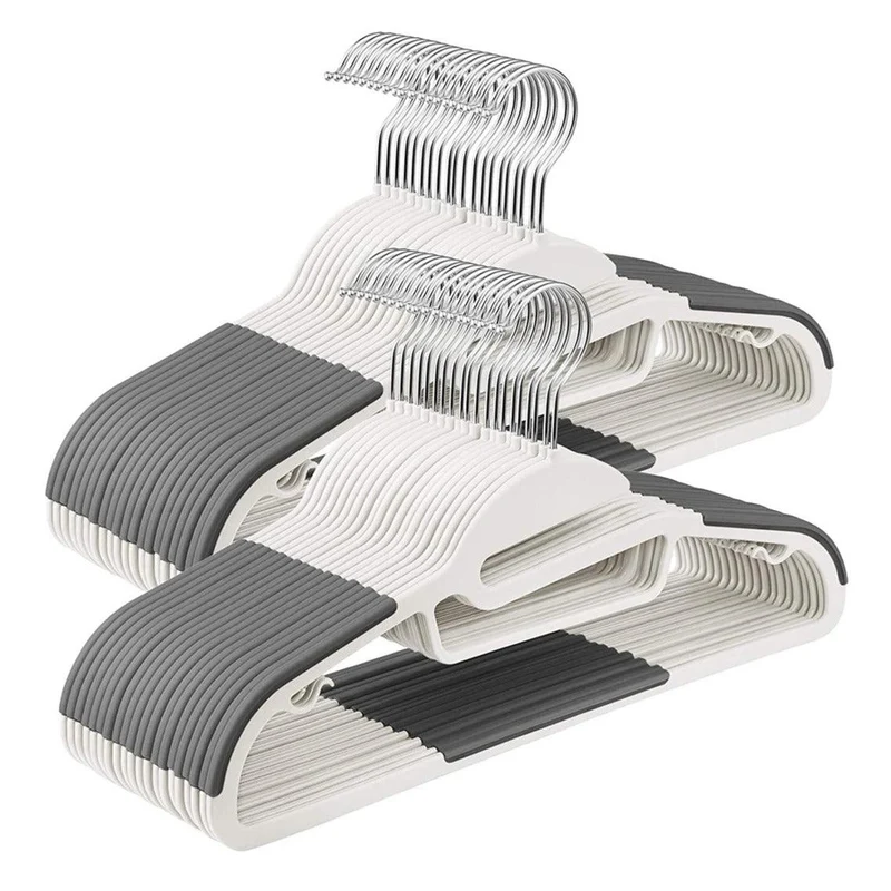 Lot de 50 cintres en plastique ouverture en s antiglisse épaisseur 0,5 cm gain de place crochet pivotant à 360º blanc et gris 12_0003409