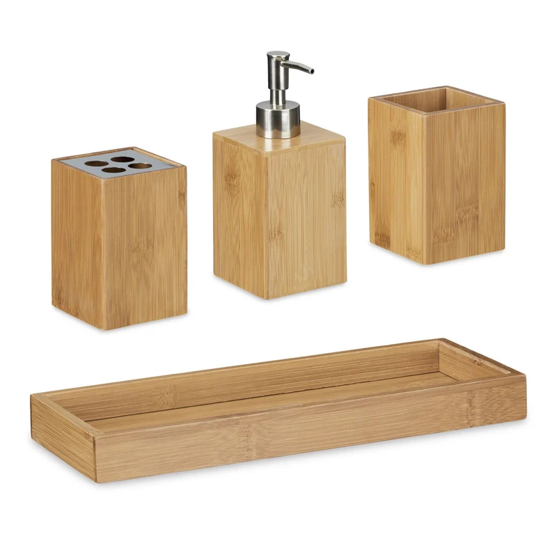 Lot de 4 accessoires de bain pratiques design naturel salle de bain en bambou clair 13_0003305
