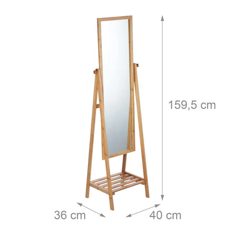 Miroir sur pied inclinable avec étagère réglable hauteur 150 x 40 x 40 cm en bambou naturel 13_0004047