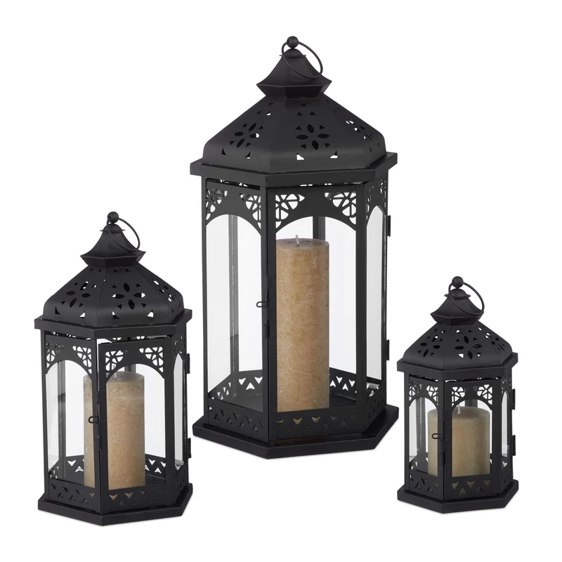 Lot de 3 lanternes décoratives orientales pour intérieur extérieur 43 x 23,5 cm ambiance cosy en fer noir 13_0004849