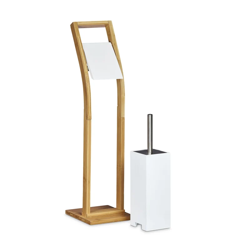 Ensemble WC moderne avec porte-rouleau et brosse 40 x 15 x 15 cm en bambou blanc 13_0004445
