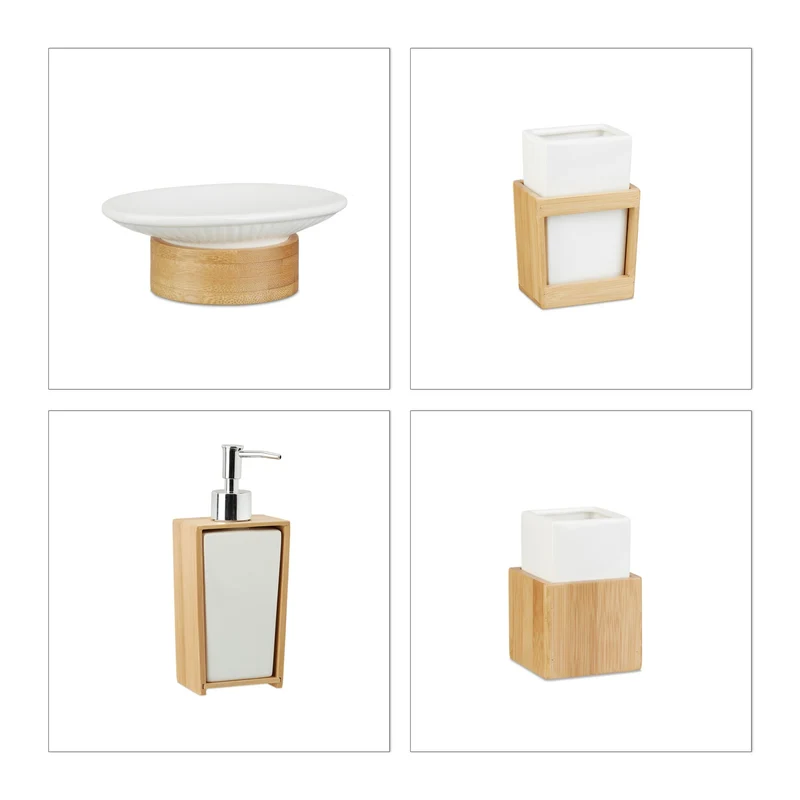 Lot de 4 accessoires salle de bain décoratifs rustiques en céramique blanc et bambou naturel 13_0004286